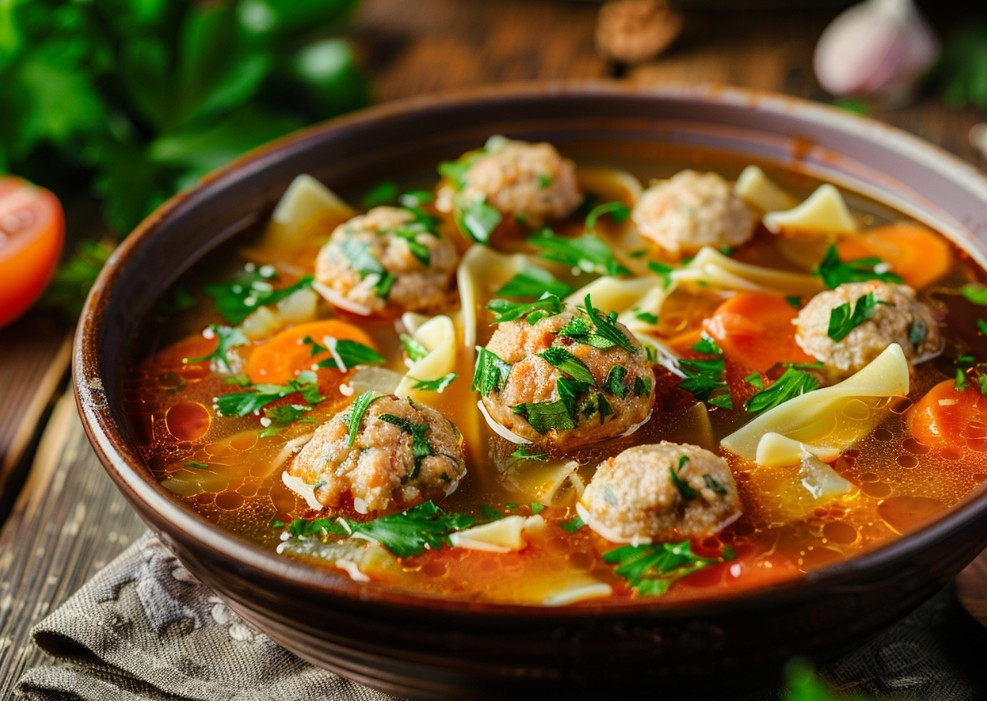 Ситний суп з фрикадельками, пастою та томатами
