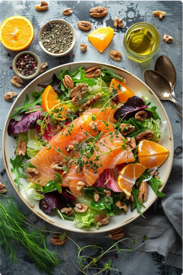 Тарілка салату з лососем та руколою.