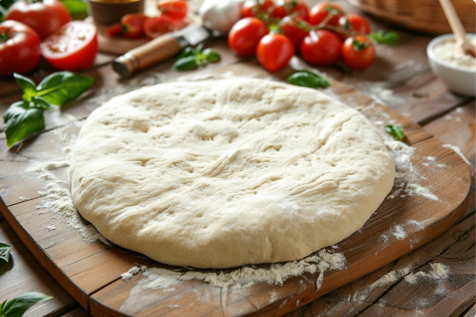 Ciasto na pizzę na drewnianej desce.