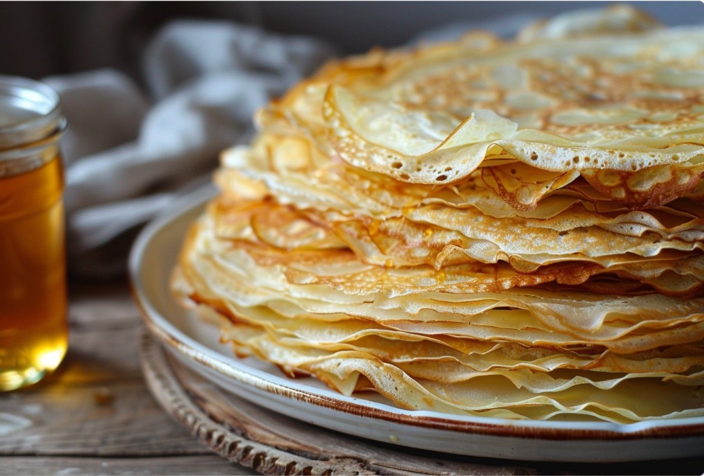 Тонкі золотисті млинці на молоці