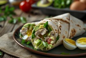 Tortilla z sałatką z tuńczyka, awokado i jajkiem (bez majonezu)