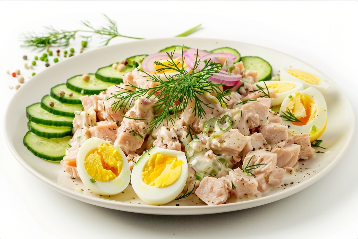 Tuna salad with eggs vegetables and herbs in a bowl