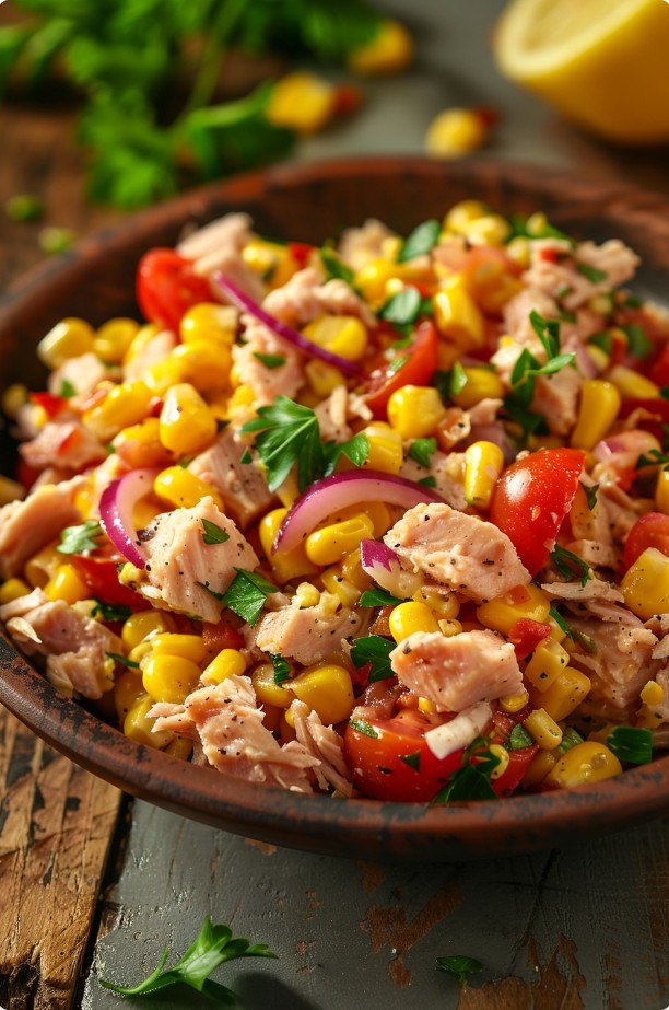 Тунцевий салат з кукурудзою та свіжими помідорами