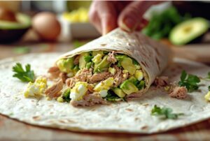 Викладіть на теплу тортилью 1–2 листки салату