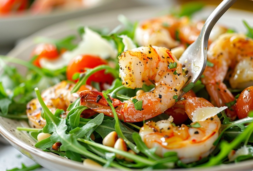 Вишуканий салат з креветками, руколою і сиром пармезан