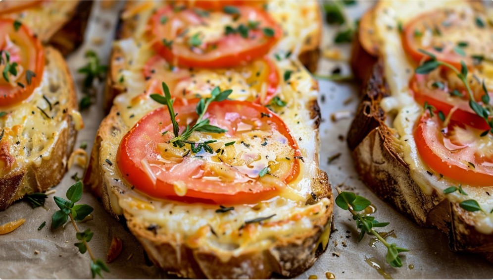 Запечений тост з сиром і кружальцями помідора