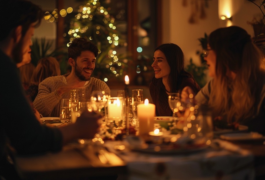 затишна домашня вечеря з друзями за святковим столом при свічках