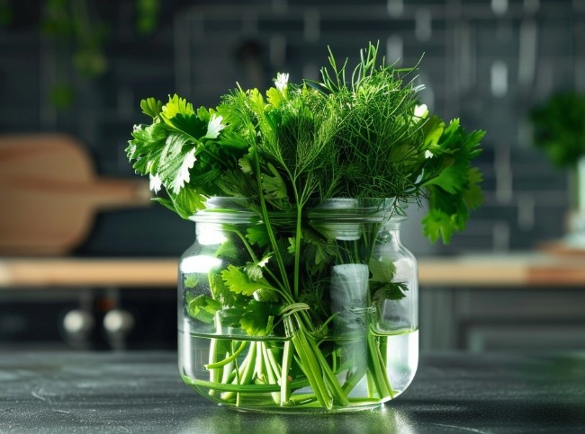 Зелень у банці з водою