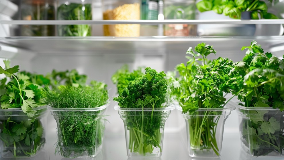 Зелень у контейнері в холодильнику