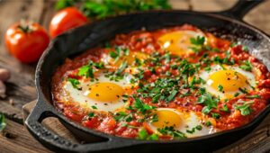 Зніміть сковорідку з вогню, прикрасьте свіжою зеленню і подайте на стіл.