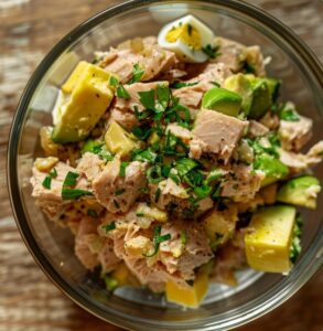 З’єднайте тунець із авокадо, всипте 1–2 ст. л. дрібно нарізаної зеленої цибулі та додайте огірок